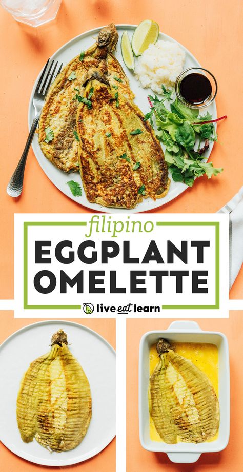 This Filipino Eggplant Omelet recipe (or Tortang Talong) has just 5 ingredients and is a delicious way to sneak veggies into your morning meal! #filipino #omelet #omelette #eggplant #brunch #breakfast #vegetarian Filipino Eggplant, Healthy Vegetarian Lunch, Vegetarian Asian, Breakfast Vegetarian, Vegetarian Recipes Lunch, Healthy Budget, Healthy Vegetarian Dinner, Easy Vegetarian Lunch, Omelette Recipe