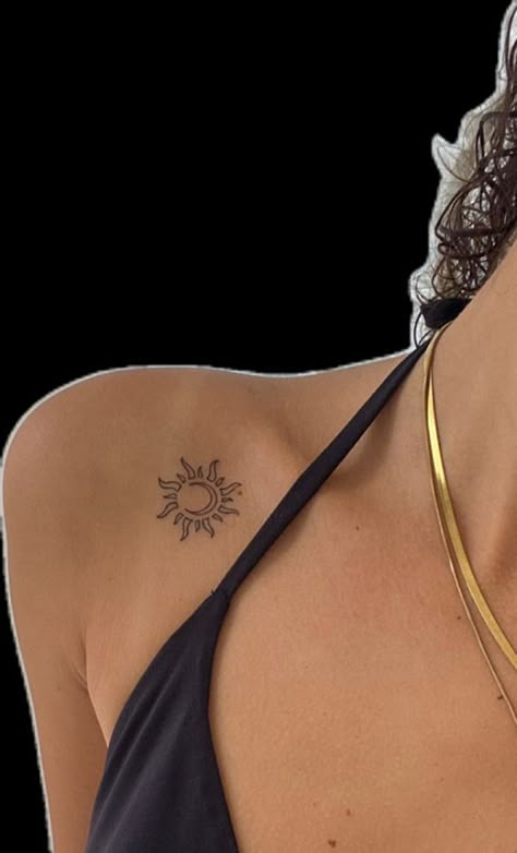 Sun Tattoo In Between Chest, Sun Collarbone Tattoo, Sun Tattoo Placement Ideas, Sun Collar Bone Tattoo, Greek Sun Tattoo, Sun And Flowers Tattoo, Sun And Moon Arm Tattoo, Sun Inspired Tattoo, Sun Rib Tattoo