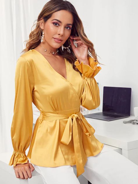 Surplice Neck Belted Satin Peplum Top | SHEIN Satin Peplum Top, Elegant Yellow V-neck Blouse, Elegant Yellow V-neck Top, Elegant Yellow Button-up Top, Top Of Shoulder Tattoo, Elegant V-neck Peplum Top With Ruffles, Elegant V-neck Summer Peplum Top, Wrap Top Blouse, Space Fashion