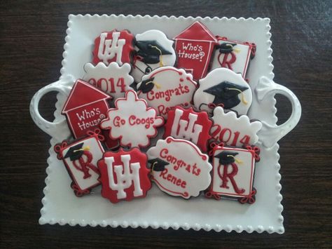 UH University of Houston graduation decorated sugar cookies Go Coogs. All copyrighted material used with permission. University Of Houston Cake, Uh Graduation Party, University Of Houston Graduation Party, University Of Houston Graduation, High School Graduation Cupcakes, College Grad Party Decor, Graduate Ideas, College Cookies, Uni Motivation