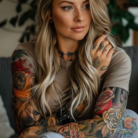 Women’s 3/4 Sleeve Tattoo, Soft Shading Tattoos, Half Sleeve Color Tattoos For Women, Women’s Sleeve, Tattoo Outfit Woman, Female Full Sleeve Tattoo, Girls Sleeve Tattoo Ideas, Women Full Sleeve Tattoo, Colorful Sleeve Tattoos For Women