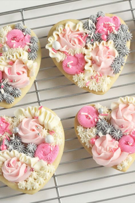 Smoothest Buttercream, Pretty Valentines, American Buttercream Recipe, Shaped Sugar Cookies, Heart Sugar Cookies, Heart Shaped Sugar Cookies, Cookies Decoration, Valentine Cookies Decorated, Valentines Day Sugar Cookies