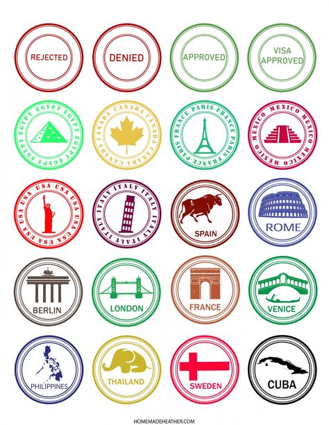 Travel Stamps Free Printable, Kids Passport Printable, Preschool Around The World Activities, Travel Around The World Crafts For Kids, Around The World Crafts For Toddlers, Passport Template Free Printables, Around The World Preschool Activities, Free Travel Printables, Holiday Handprint Art