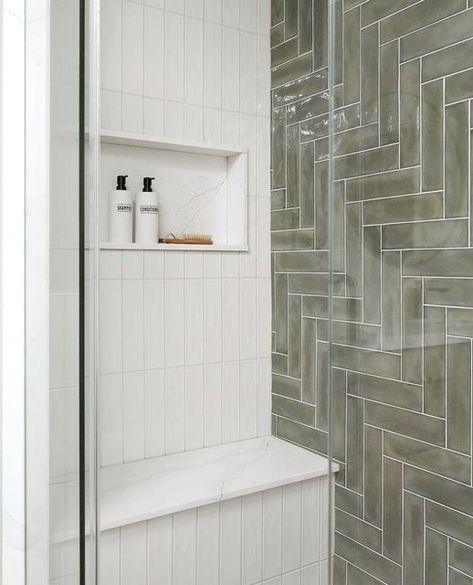 Green Herringbone Tile Bathroom, Green Shower Tile, Herringbone Tile Bathroom, White Shower Tile, White Tile Shower, Bold Bathroom, Green Tile Bathroom, Toronto Interior Design, Bathtub Tile