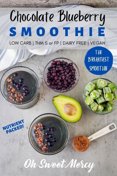 Pinterest Pin Image for Chocolate Blueberry Smoothie Sugar Free Protein Shakes, Thm Breakfast Smoothie, Blueberry Oat Smoothie, Blueberry Kale Smoothie Recipes, Blueberry And Oats Smoothie, Blueberry Bliss Smoothie, Thm Smoothies, Trim Healthy Mama Drinks, Trim Healthy Mama Diet