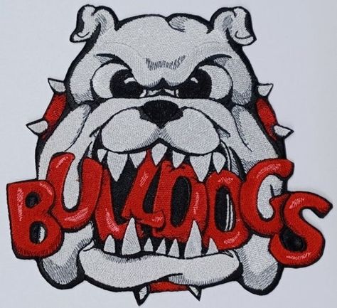 "Bulldogs Mascot Embroidered Patch Large 7\" wide x 6-3/4 tall Iron on sew on or glue on You can choose your own colors 1 color for the Bulldog and 1 color for the Letters & Collar Leave your colors in the notes or email to me, you can also text me 951-818-5580 Comes with the iron on backing attached All orders ship in 1 to 3 days We carry other Mascot patches Thank you Tangle Threds Custom Embroidery" School Spirit Shirts Designs, Homecoming Football, Embroidery Animals, Sports Mascot, Georgia Dawgs, Epoxy Cups, Georgia Bulldog, Bulldog Mascot, School Spirit Shirts