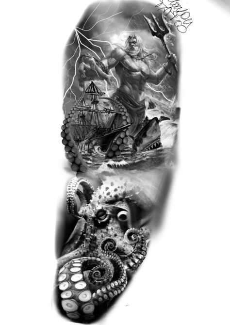 Poseidon Kraken Tattoo, Ship Wreck Tattoo, Fish Sleeve Tattoo, Underwater Tattoos, Ocean Tattoo Design, Ship Tattoo Sleeves, Pirate Skull Tattoos, Ocean Sleeve Tattoos, Nautical Tattoo Sleeve