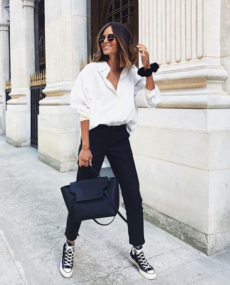 Adrette Outfits, White Shirt Outfits, Mode Tips, 여름 스타일, Outfit Chic, Outfits With Converse, Looks Black, Ținută Casual, Modieuze Outfits