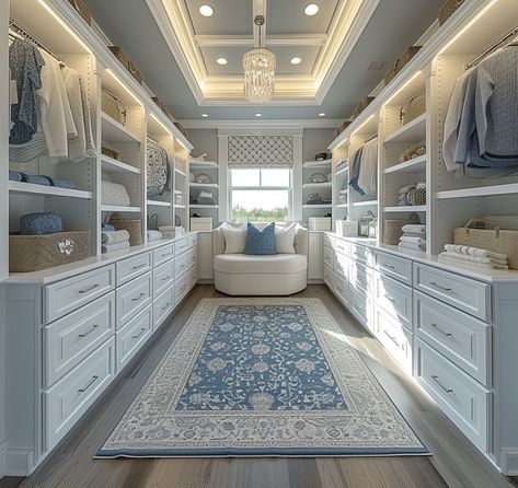 Light Blue Walk In Closet, Beach House Walk In Closet, Coastal Mansion Interior, Clever Home Design, Light Blue Closet, Blue House Aesthetic, Outer Banks House, Beach House Closet, Dream House Closet