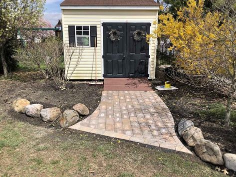 How To Build A Shed Ramp With Pavers | Twigandthistle Ramp To Shed, Shed Ramp, Portable Sheds, Ramp Design, Porch Paint, Shed Construction, Build A Shed, Outdoor Sheds, Building A Shed