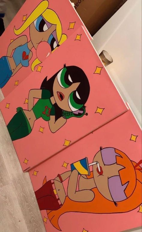 Large Canvas Painting Ideas Cartoon, Paint Canvas Ideas Aesthetic, Buttercup Powerpuff Painting On Canvas, Yk2 Painting Ideas, Brats Painting Canvas, Canvas Painting Ideas Powerpuff, 2000s Canvas Painting, The Proud Family Painting, 3 Person Painting Ideas