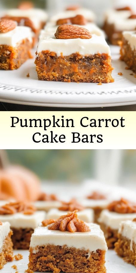 "Healthy One-Bowl Pumpkin Carrot Cake Bars" Description: Celebrate the flavors of fall with these wholesome and delicious Pumpkin Carrot Cake Bars! Made with whole wheat flour, pumpkin, carrots, and warm spices, these bars are a perfect treat for autumn gatherings or cozy afternoons. Quick and easy to make, with options for vegan and gluten-free variations. #HealthyBaking #FallTreats #EasyDesserts #AutumnBaking #WholesomeSnacks #VeganOptions #GlutenFreeRecipes Pumpkin Carrot Cake, Carrot Cake Bars, Autumn Afternoon, Wholesome Snacks, Pumpkin Bars, Cake Bars, Delicious Pumpkin, Fall Treats, Cozy Autumn