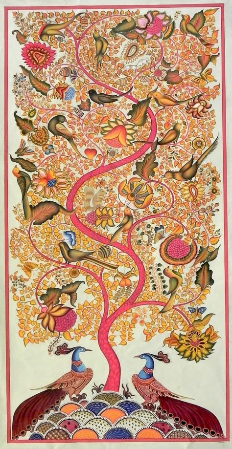 Tree Of Life Kalamkari, Kalamkari Tree Of Life Paintings, Kalpavruksh Tree Painting, Interconnectedness Art, Tree Of Life Illustration, Abstract Tree Of Life, Tree Of Life Artwork, 3d Relief Art, Indian Traditional Paintings