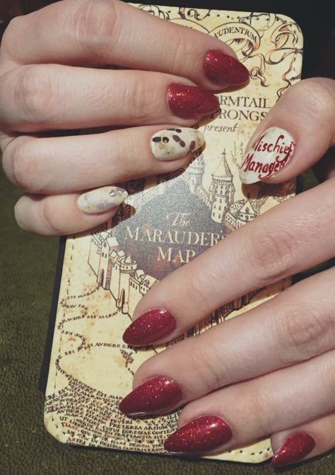 Harry Potter Nails Subtle, Marauders Nail Art, Marauders Nails, Map Nails, Harry Potter Nails Designs, Harry Potter Nail Art, Harry Potter Nails, Fingernails Painted, Fingernail Designs