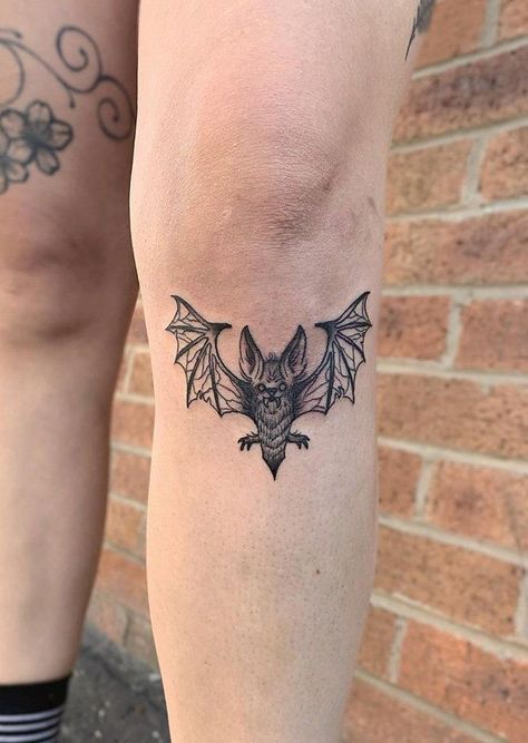 Bat Tattoo Under Knee, Bat Tattoo On Leg, Thigh Bat Tattoo, Bat Under Knee Tattoo, Quasar Tattoo, Small Spooky Tattoo Ideas, Bat Tattoo Arm, Bat Knee Tattoo, Bat Tramp Stamp