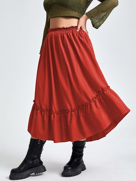 Plus High Waist Ruffle Hem Skirt Red Flowy Skirt, Ruffle Hem Skirt, Teacher Style, Hem Skirt, Plus Size Skirts, Flowy Skirt, Amazing Products, Ruffle Hem, Woven Fabric