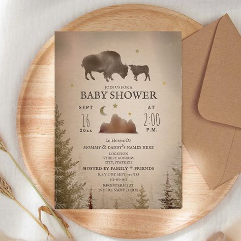 Buffalo Bison Desert Evergreen Baby Shower Rustic Invitation Evergreen Baby Shower, Trees Background, Rustic Invitation, Baby Buffalo, Classy Baby Shower, Rustic Baby Shower Invitations, Buffalo Bison, Animal Baby Shower Invitations, Unisex Baby Shower