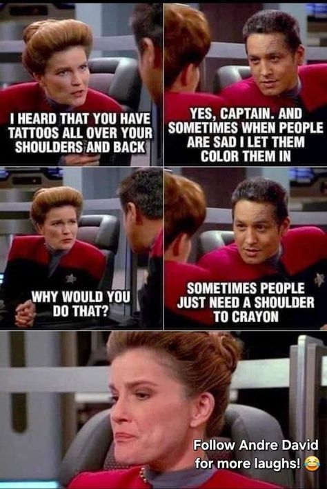 Star Trek Voyager Funny, Star Trek Jokes, Star Trek Funny, Star Trek Voyager, Star Trek Universe, Snapchat Funny, Silly Jokes, Star Wars Humor, To Infinity And Beyond