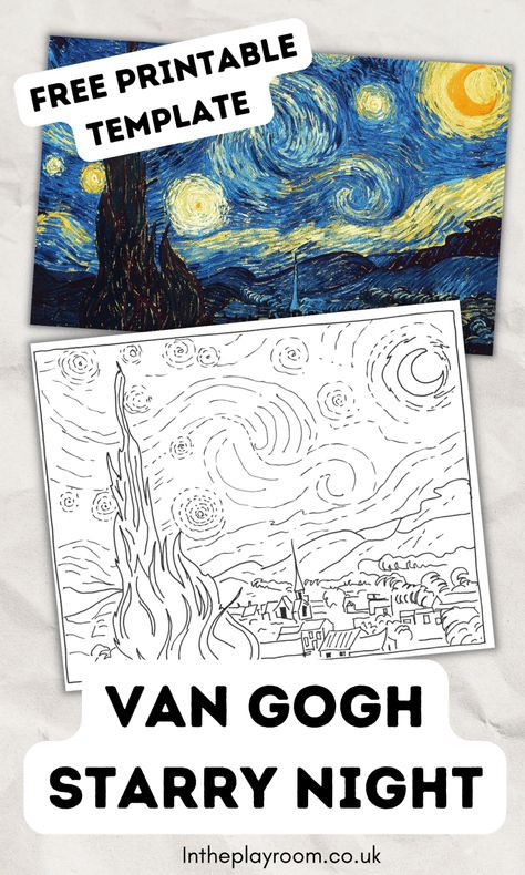 Van Gogh starry night outline free printable template to use for crafts or as a coloring page Starry Night Elementary Art Lesson, Starry Night Collaborative Art, Van Gogh Coloring Pages Free Printable, Starry Night Art Project For Kids, Van Gogh Activities For Kids, How To Paint Starry Night Step By Step, Painting Outlines Free Printable, Van Gogh Kids Art Projects, Starry Night Template