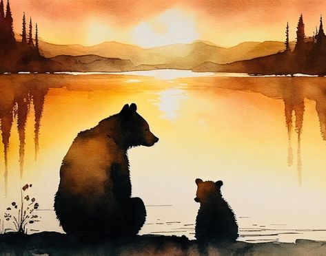 Mamma Bear and Cub Watercolor Print Digital Download, Printable Wall Art, Digital Art, Mother's Day - Etsy Greece Watercolor And Ink Animals, Watercolor Bear Easy, Paintings For Dad, Watercolor Bears, Watercolour Bear, Black Bears Art, Mamma Bear, Bear Painting, Mother Bear