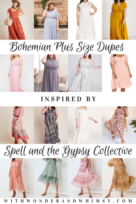 Bohemian Plus Size Dupes Inspired by Spell and the Gypsy Collective: a roundup of bohemian dresses from plus size retailers in sizes 14-28W. Boho Chic Dress Elegant Plus Size, Plus Size Bohemian Fashion Boho Chic, Plus Size Bohemian Dress, Boho Dresses Plus Size, Gypsycore Fashion Plus Size, Boho Chic Plus Size Outfits, Bohemian Maxi Dress Boho Chic, Hippie Outfits Plus Size, Chic Outfits Plus Size