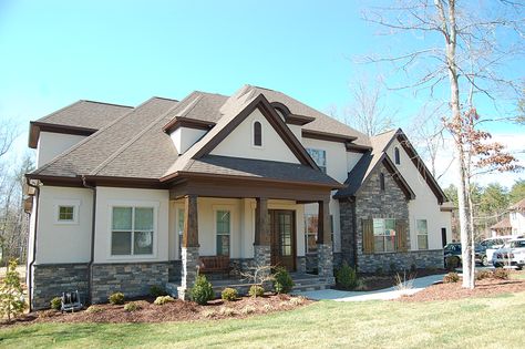 Exterior House Colors With Brown Soffit, Brown Soffit And Fascia, Bronze Soffit And Fascia, Dark Soffit And Facia, Brown Soffit And Fascia Exterior Colors, White House Brown Roof, Exterior House Options, Lodge Exterior, Autumn Drive