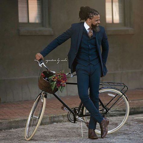 I'll take one of him please...the bike is cute too! Loc Styles For Men, Dreadlock Hairstyles For Men, Dreadlock Styles, Cycle Chic, Munaluchi Bride, Black Men Hairstyles, Androgynous Fashion, Tuxedo For Men, Pants Design