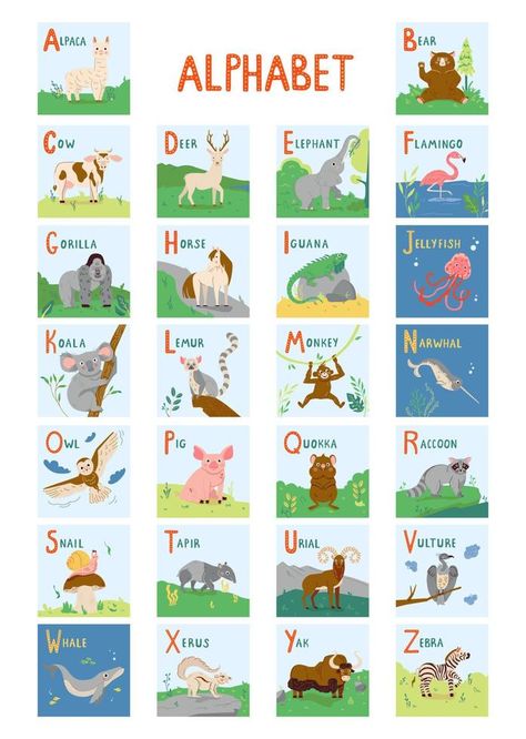 Cute Animals alphabet for kids education from A to Z. Childish vector font for kids ABC book with hand drawn animal characters Animal Abc Free Printable, Abc Animals, Animals Alphabet, Alphabet Drawing, Vector Brush, Kid Fonts, Alphabet Charts, Abc For Kids, Abc Book