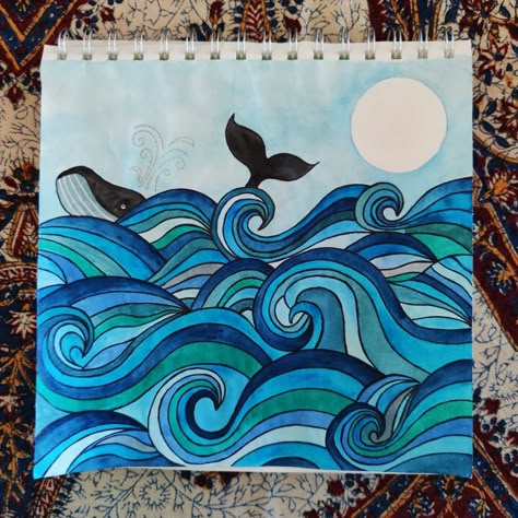 Whale In Ocean Drawing, Ocean Crayon Drawing, Sea World Painting, Ocean Marker Drawing, Ocean Art Lesson, Sharpie Watercolor Art, Sea Aesthetic Drawing, Ocean Scene Drawing, Ocean Drawing Simple