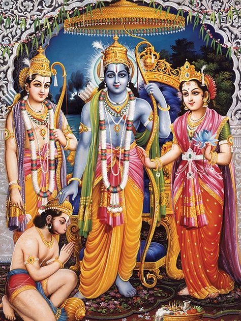 B. G. Sharma, gouache on board, 1960s, Sharma Picture Publications, Bombay (Mumbai). Rama, lord of Ayodha, stands centermost, flanked by wife Sita and brother Lakshmana, while Hanuman kneels in respectful adoration below. Reprinted from Gods in Print: The Krishna Poster Collection. Published by Mandala Publishing. Illustrations copyright © 2015 by Mandala Publishing. All rights reserved. Ram Lakshman Sita Hanuman, Bhagwan Photo, जय सियाराम, Ram Lakshman, Oreo Icing, Sree Ram, Goddess Sita, Ram Sita Photo, Mythological Stories