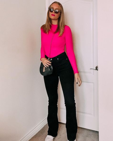 Black And Pink Casual Outfit, Pink And Black Winter Outfit, Hot Pink Black Outfit, Hot Pink Turtleneck Outfit, Hot Pink Long Sleeve Shirt Outfit, Neon Pink Shirt Outfit, Hot Pink Jumper Outfit, Pink Top And Black Jeans Outfit, Pink Shirt Outfit Winter