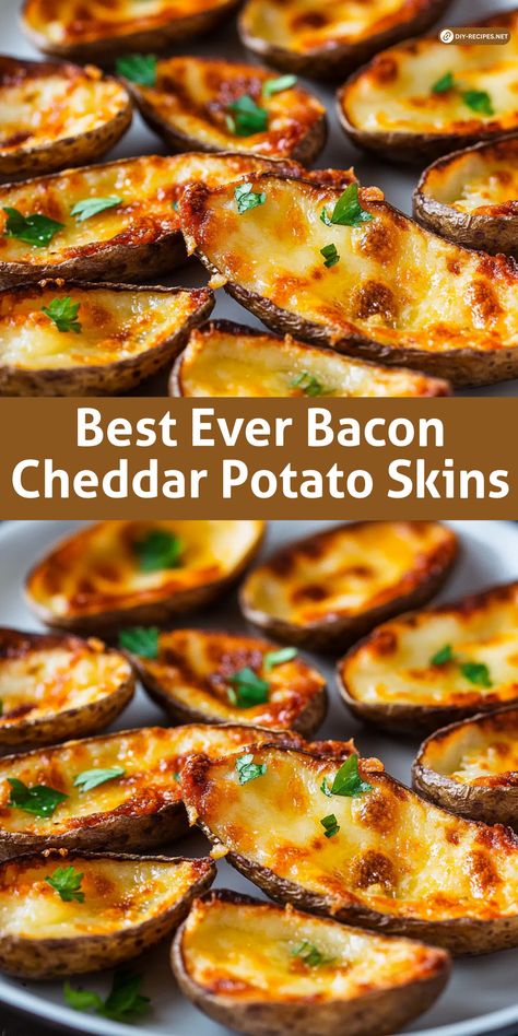 Elevate your appetizer game with the Best Ever Bacon Cheddar Potato Skins! Loaded with melty cheese and crispy bacon, they're a guaranteed crowd-pleaser. Loaded Potato Rounds, Loaded Potato Skins Air Fryer, Pioneer Woman Potato Skins, Potatoes Skins Appetizer, Easy Appetizers Potato, Potato Skins Recipe Easy, Best Potato Skins Recipe, Twice Baked Potato Skins, Loaded Hasselback Potatoes