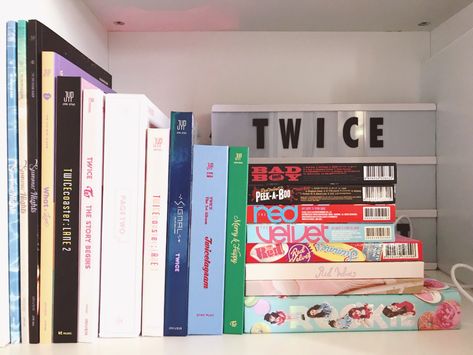 album collection Album Collection Kpop, Red Velvet Album Collection, Album Collection Aesthetic, Kpop Shelves, Kpop Album Collection, Albums Shelf, Album Shelf, Kpop Albums Shelf, Twicecoaster Lane 2