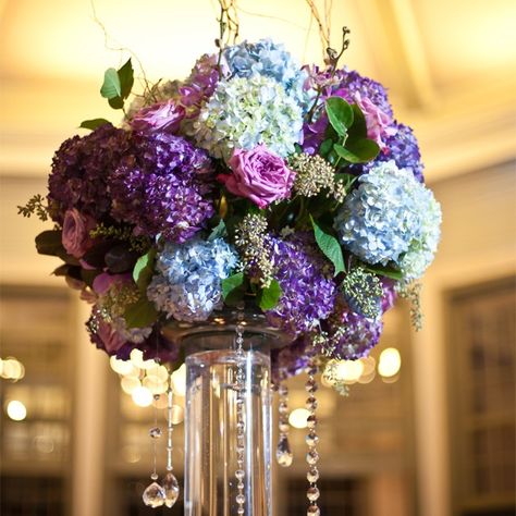 Blue and Purple Hydrangea Centerpiece // Lauren Rosenau Photography //  New Creations Flower Company // http://www.theknot.com/weddings/album/an-evening-garden-wedding-in-charlotte-nc-143990 Purple Hydrangea Centerpieces, Hydrangea Wedding Centerpieces, Hydrangea Centerpiece Diy, Blue And Purple Hydrangea, Purple Hydrangea Wedding, Hydrangea Centerpiece Wedding, Vintage Hydrangea, Purple Wedding Centerpieces, Blue Wedding Centerpieces