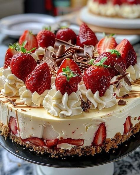 WORLDS BEST TASTY RECIPES | White Chocolate Strawberry Cheesecake | Facebook Strawberry And White Chocolate Cheesecake, Simple Birthday Desserts, White Chocolate Strawberry Cheesecake Recipe, Strawberry Chocolate Cheesecake, Strawberry White Chocolate Cake, Easy Moist Vanilla Cake, Best Cakes In The World, White Chocolate Strawberry Cheesecake, Vanilla Cake Recipes