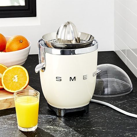 Smeg Cream Citrus Juicer Smeg Cream, Retro Refrigerator, Kitchen Tech, Electric Juicer, Citrus Juicer, Crate Barrel, Chrome Metal, Eating Raw, Metal Accents