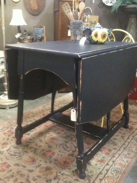 antique drop leaf table, redone shabby chic in flat black Painted Drop Leaf Table, Shabby Chic Kitchen Curtains, Antique Drop Leaf Table, Muebles Shabby Chic, Shabby Chic Porch, Shabby Chic Chairs, Shabby Chic Sofa, Farmhouse Decorating, Shabby Chic Living