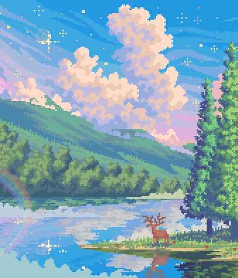 Misty lake�✨🌸🟩🟦 Follow me--->@pixelworld.art . https://www.inprnt.com/gallery/pixelworld/ . . . Random Hashtags (ignore it) #pixilart #pixelartlandscape #clouds #sky #ghibli #aesthetic #pixel #retro #nintendo #minecraft #art #pixelartmagazine #pixelated #sunset #photography #design #instagood #instadaily #hashtag #anime #love #photooftheday #beautiful #photography #happy #picoftheday #cute #follow #followme #digitalart #nature Pixel Art Scenery, Minecraft Sky, Retro Nintendo, Ghibli Aesthetic, Misty Lake, Art Scenery, Pixel Art Landscape, Minecraft Art, Magazine Art