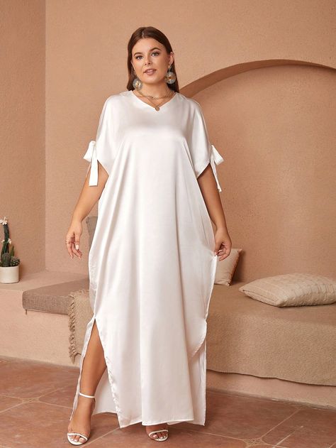 Plus Knot Cuff Batwing Sleeve Split Hem Satin DressI discovered amazing products on SHEIN.com, come check them out! Bubu Dresses, White Satin Dress, Satin Dress, White Satin, Split Hem, Batwing Sleeve, Bat Wings, Amazing Products, Satin Dresses