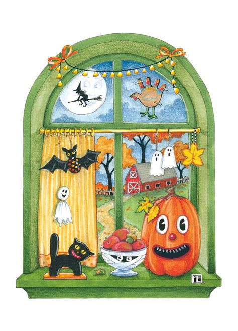 "Halloween Window" • © Mary Engelbreit, Saint Louis Missouri Artist • www.maryengelbreit.com • @maryengelbreit on Instagram Mary Engelbreit Halloween, College Canvas Art, Easter Window, All About Me Art, Window Christmas, Saint Louis Missouri, Spooky Art, Halloween Window, Mary Engelbreit