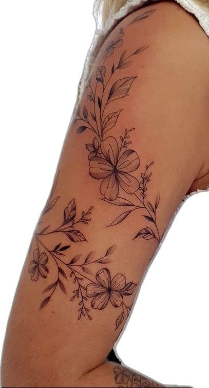 Women’s Flower Arm Tattoo, Floral Tattoo Design Bicep, Vine Around Shoulder Tattoo, Flower Opening Tattoo, Cute Flower Bouquet Tattoo, Pretty Bicep Tattoos For Women, Tattoo Flower Sleeves For Women, Tattoo Arm Wrap Women, Flower Tattoos With Vines