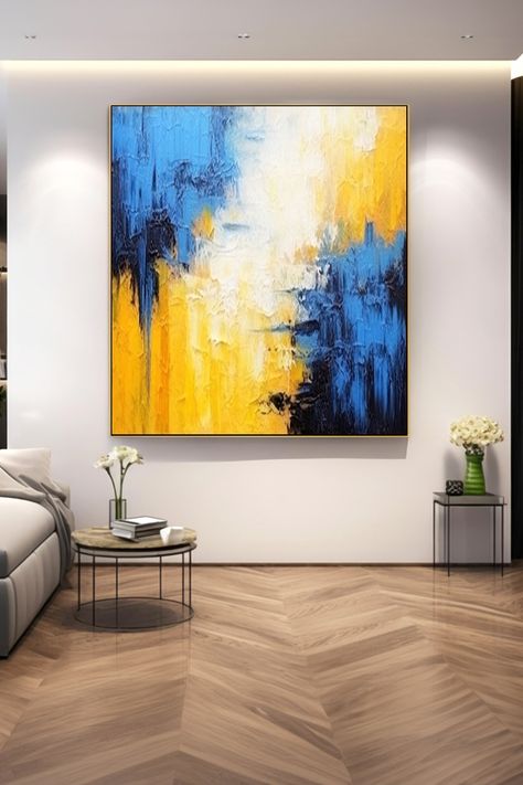 Original handmade abstract painting with vibrant blue and yellow brush strokes on textured canvas Yellow Abstract Painting, Unique Canvas Art, Textured Layers, Yellow Abstract, Unique Canvas, Handmade Artwork, Vibrant Blue, Blue And Yellow, Modern Home Decor