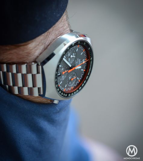 Omega Speedmaster Mark II Chronograph Co-Axial Orange racing dial - ref. 327.10.43.50.06.001 - 4 Monochrome Watches, Movado Watch, Live Photos, Stylish Watches, Casual Watches, Omega Speedmaster, Luxury Watches For Men, Omega Seamaster, Beautiful Watches