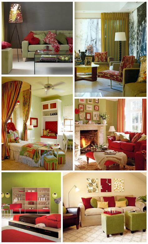 Red and Green Rooms Red And Green Living Room, Green Furniture Living Room, Red And Green Decor, Green Sofa Living, Green Couch Living Room, Tan Living Room, Green Sofa Living Room, Furnitur Ruang Keluarga, Green Living Room