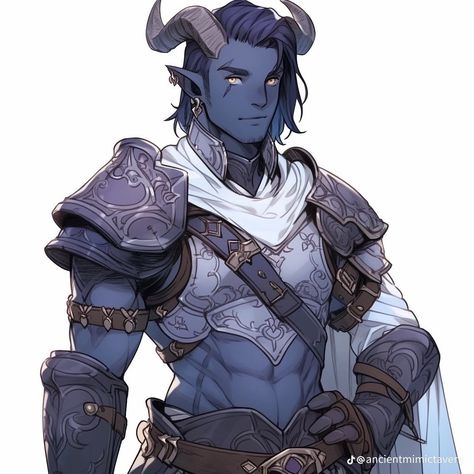 Beast Man Character Art, Dnd Blue Tiefling Male, Dnd Character Design Male Tiefling, Tiefling Tail Types, Grey Tiefling Male, Teifling Male Character Art, Tiefling Oc Male, Crystal Dragonborn, Tiefling Blue