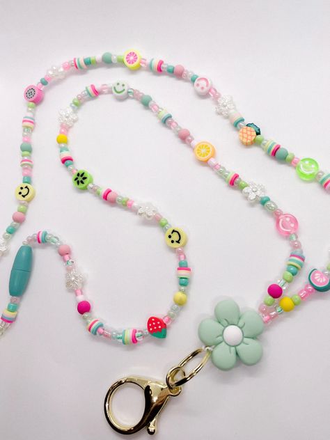 Multicolored Happy Beaded Lanyard - Etsy Beaded Lanyard Patterns, Lanyard Patterns, Lanyard Aesthetic, Lanyard Ideas, Or Nurse, Beaded Lanyard, Clay Bracelet, Beaded Lanyards, Gift For Teacher