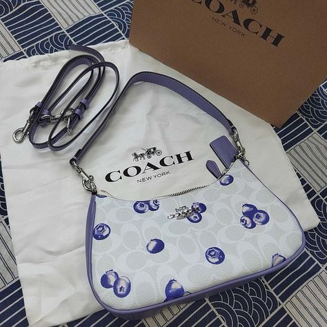 Coach Teri Blueberry Print Shoulder Bag Crossbody Bag Coach Teri Shoulder Bag, Blueberry Print, Light Violet, Cali Girl, Coach New York, Signature Canvas, Coach Handbags, Smooth Leather, Continental Wallet