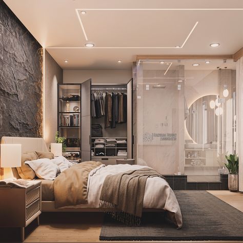 Bedroom with glass enclosed en-suite bathroom. #home #interiordesign #new #architecture 2024 Bedroom, Instagram Bedroom, Suite Bathroom, New Architecture, En Suite Bathroom, Building Ideas, July 7, House Design, Interior Design