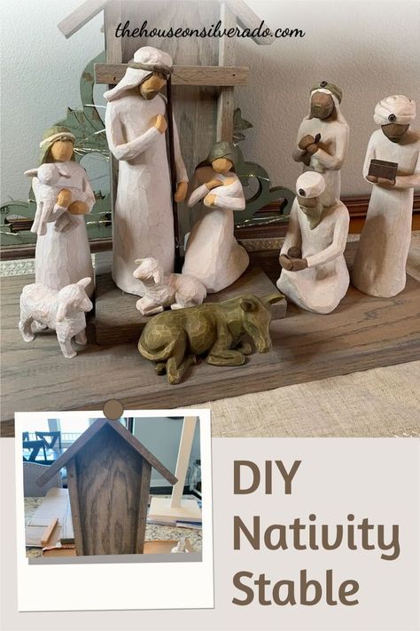 How to make a DIY Nativity Stable Creche for a Willow Tree Nativty set or almost any other nativity set. Diy Nativity Stable, Willow Tree Nativity Set, Nativity Display, Fun Christmas Party Ideas, Willow Tree Nativity, A Willow Tree, Classy Christmas Decor, Nativity Stable, Diy Nativity