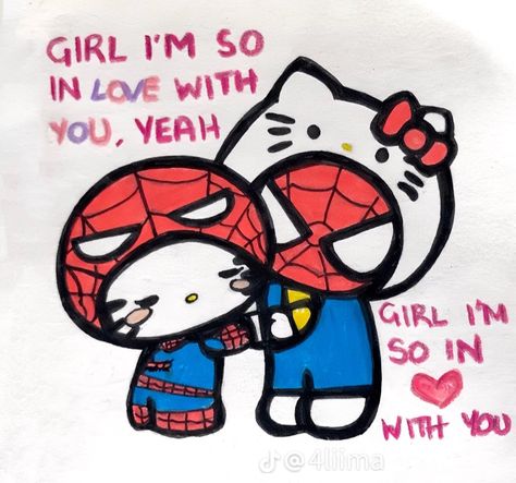 Cute Drawings For Her, Hello Kitty Frases, Spiderman Doodles, Spider Man Hello Kitty, Spiderman Craft, Drawing Kitty, Diy Anniversary Gift, Spiderman Drawing, Cholo Art